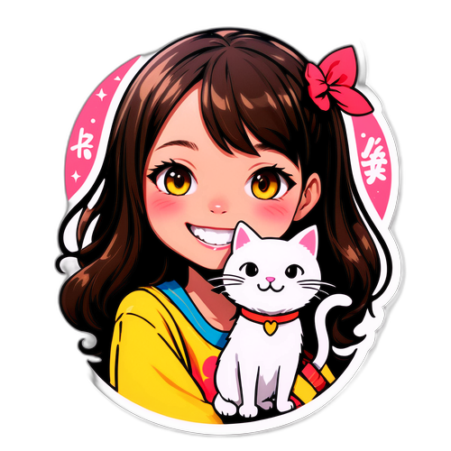 ファンアートスタイルの女の子と猫のステッカー