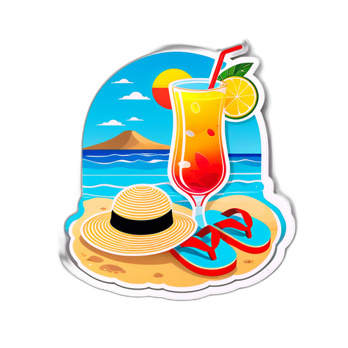 Sticker Plażowy z Klapkami, Kapeluszem i Koktajlem