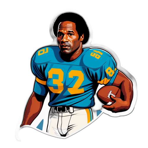 Une illustration dramatique d'O.J. Simpson, moitié joueur de football américain, moitié acteur, dans un style vintage