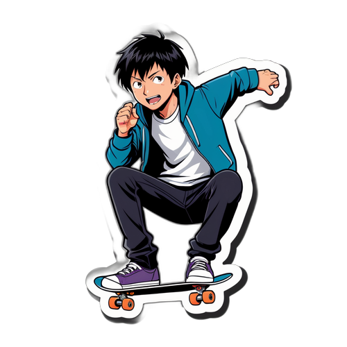 カゲヤマユーマがスケートボードのトリックを決める瞬間のイラスト
