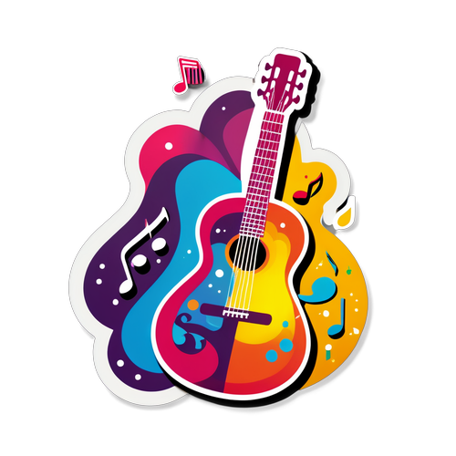 Sticker Nhạc với Hình Ảnh Đàn Guitar và Nốt Nhạc