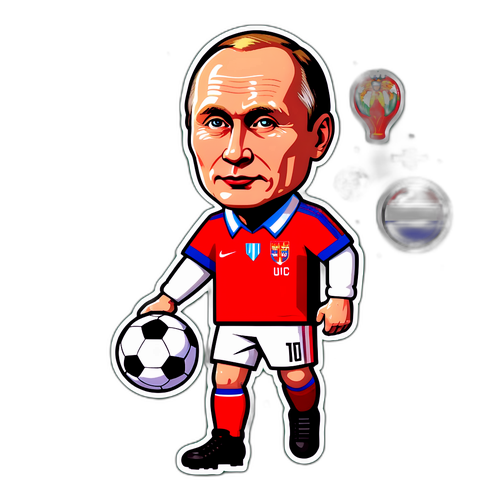 Un sticker umoristic cu pixel art ilustrându-l pe Putin în echipament de fotbal