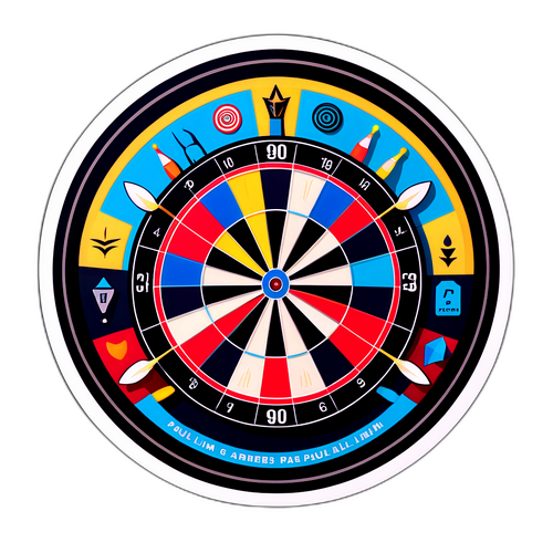 Farverig darttavle med ikonisk repræsentation af Paul Lims præstationer
