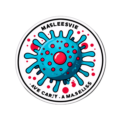 Diseño minimalista de un virus con símbolos de cuidado en un sticker de concienciación sobre el sarampión
