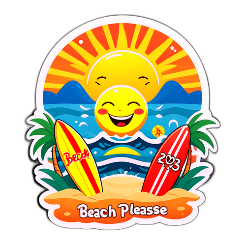 Peisaj drăguț de plajă cu textul 'Beach Please 2025'