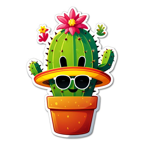 Cute Cartoon Cactus with Sunglasses and Sombrero
