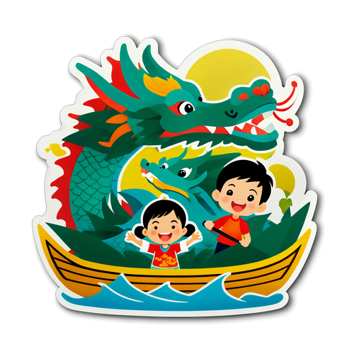 家庭亲子旅行贴纸：龙舟节与儿童节的欢乐场景
