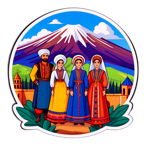 アルメニアの風景と伝統衣装を着た人々のイラスト