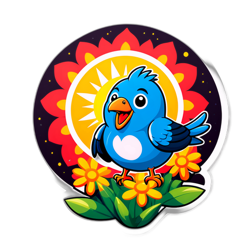 Stiker Burung Ceria dengan Bunga dan Matahari