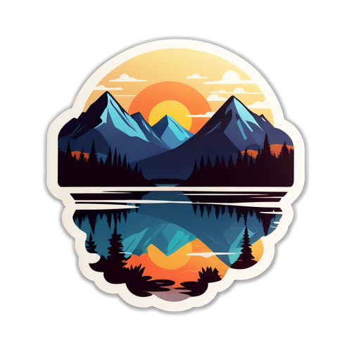 Minimalistic Mountain Landscape with Setting Sun and Reflective Lake Sticker