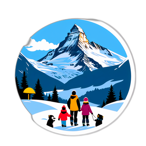 En värmande klistermärke av en familj som njuter av en dag i Zermatt