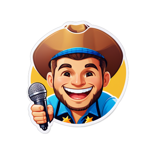 Sticker cu fața zâmbitoare a lui Dani Mocanu, purtând o pălărie de cowboy