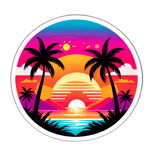 Fargerik tropisk landskap med palmer og solnedgang