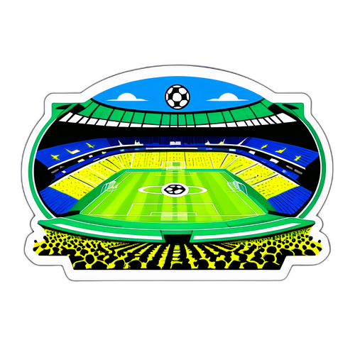 Ilustración de un estadio de fútbol lleno de aficionados de Deportivo Merlo, con los colores del equipo