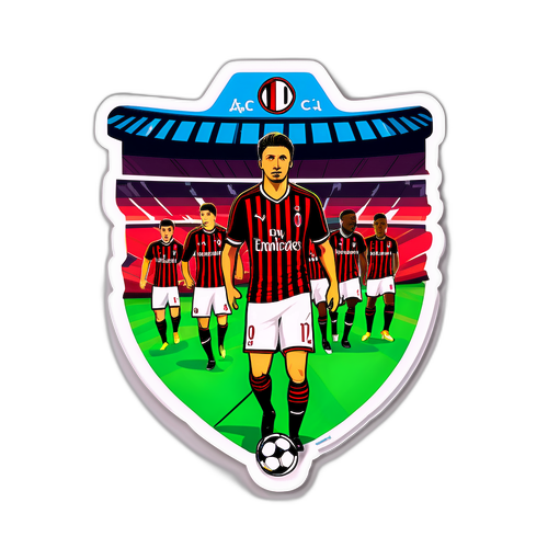 Nálepka AC Milan proti Comu s dramatickým pozadím stadionu