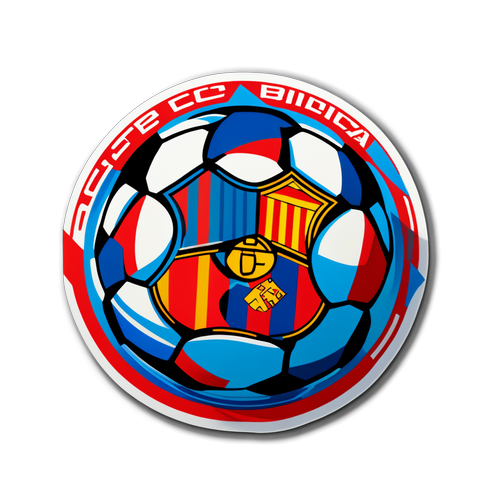 Diseño de una pegatina con un balón de fútbol y los logotipos entrelazados de Benfica y Barcelona