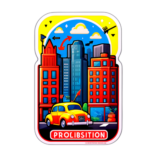 Дизайн наліпки, що поєднує урбаністичні пейзажі з темою заборони