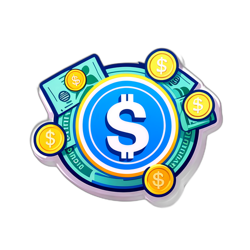 Sticker con símbolo de dólar azul rodeado de monedas y billetes