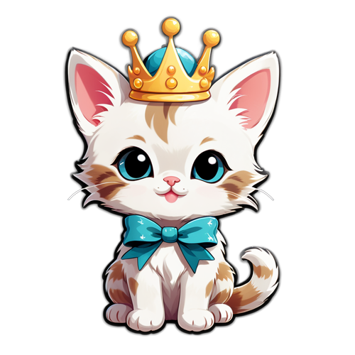 可愛的小貓戴著小皇冠，坐在緞帶上