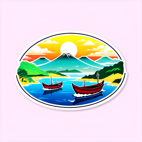 対馬の美しい風景と伝統的な漁船のイラスト