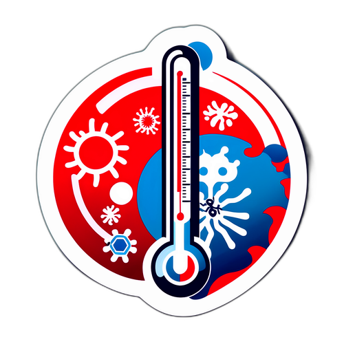 Sticker cu un virus stilizat și un termometru reprezentând gripa în Marea Britanie