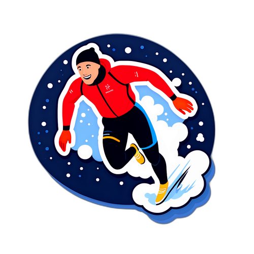 Kreativní design pro nálepku Johanna Høsflota Klæba, skákajícího do sněhu s emocemi vítězství