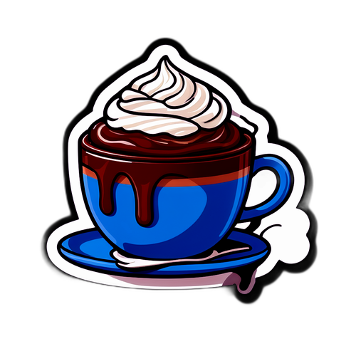 Sticker ilustrând o cană de ciocolată caldă cu frișcă, simbolizând confortul în timpul Jocurilor Olimpice de Iarnă