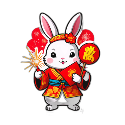 可愛的兔子穿著傳統中國服飾，手持紅包與煙火背景