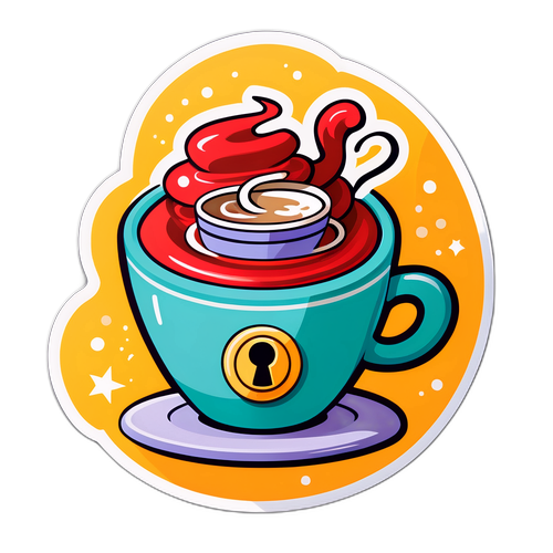 Kaakit-akit na sticker ng mamulang tasa ng kape na may digital na kandado