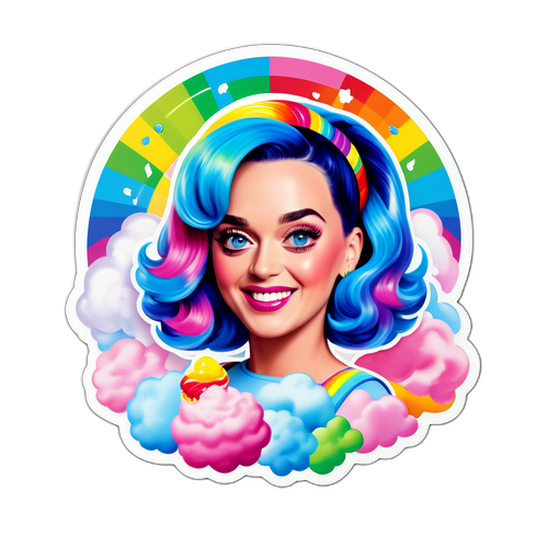 Kreativní samolepka Katy Perry s ikonickým vzhledem a motivy cukrové vaty a duhy