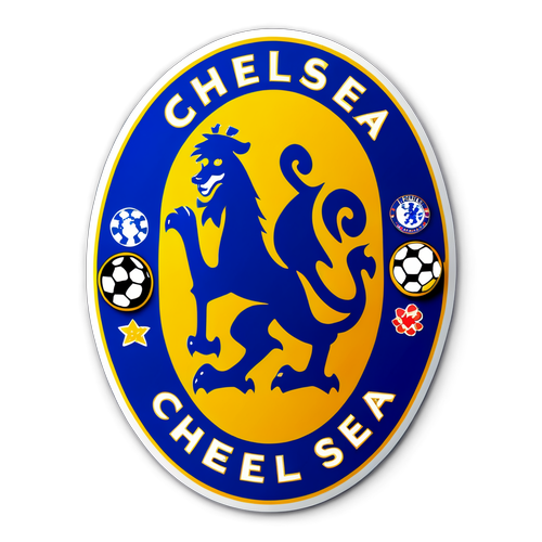 Diseño de una calcomanía de Chelsea destacando su nombre en una tipografía moderna, con un fondo de fútbol.