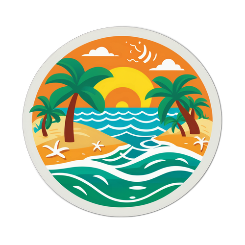 Masiglang Disenyo ng Sticker na Naglalarawan ng Eksena sa Tropaikal na Baybayin