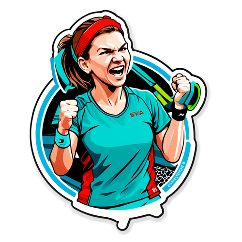 Autocolant cu Simona Halep în momentul victoriei, cu textul "Campioană pentru totdeauna!"