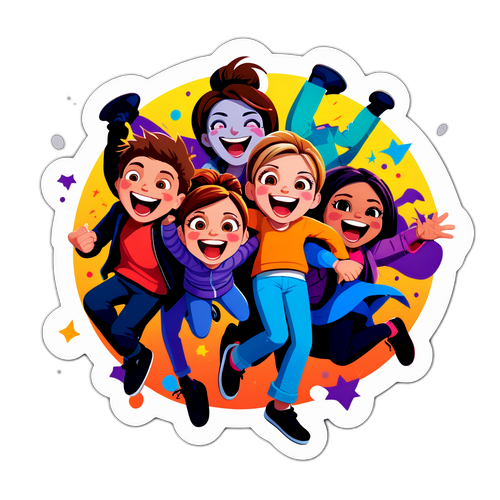 Una divertida ilustración animada de personajes riendo y saltando