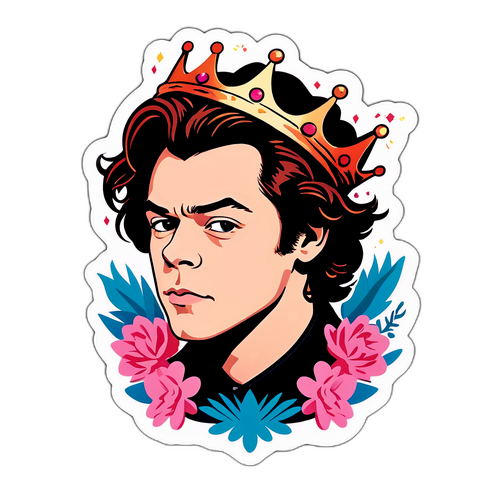 Stilig portrett av Harry Styles med krone og blomsterdesign