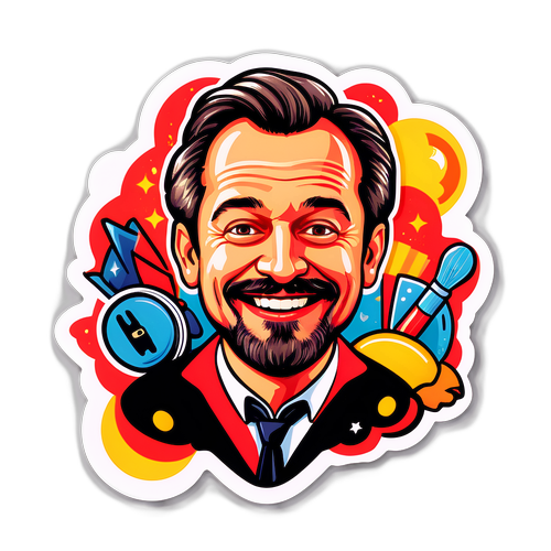 Samolepka s Ivanem Horníkem drženým různými vtipnými rekvizitami, vyzařující humor a kreativitu