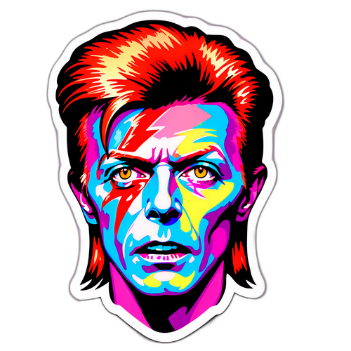 Ein kreatives Design von David Bowie, das seinen ikonischen Stil und seine musikalischen Genres in lebendigen Farben festhält