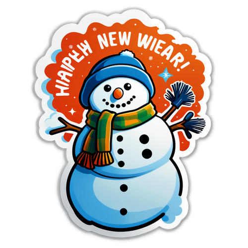 Sticker de un muñeco de nieve con bufanda y el mensaje '¡Feliz Año Nuevo y cálido invierno!'