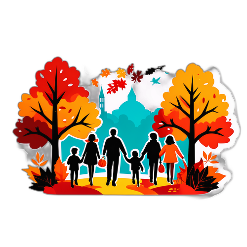 秋の木々の中で楽しむ人々のシルエット