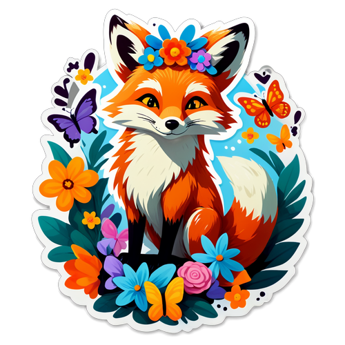 Whimsical Fox with Floral Crown and Butterflies