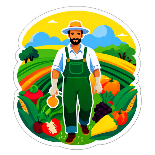 Autocollant artistique d'agriculteur au milieu des champs verts