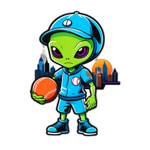 Uvanlig men sjarmerende klistremerke av en alien med baseballcaps