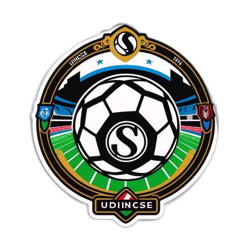 Stilfuldt klistermærke af Udinese og Milan logoer sammenflettet med en fodbold og dramatisk stadionscene i baggrunden