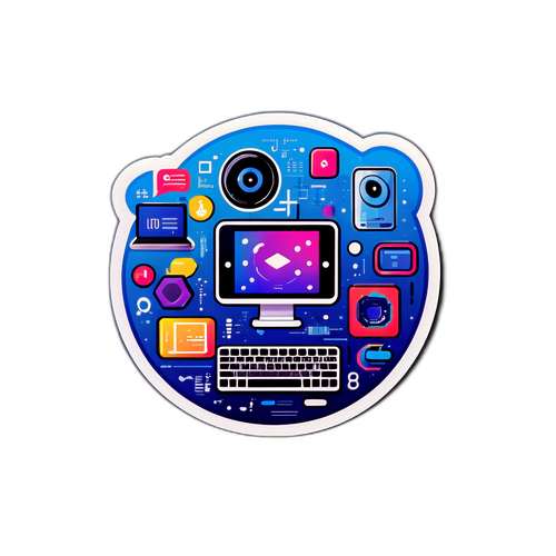 Nhãn dán về công nghệ với hình ảnh các thiết bị hiện đại