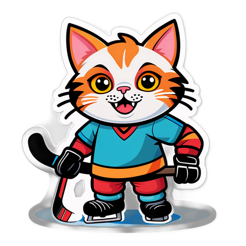 Кот, играющий в хоккей на льду