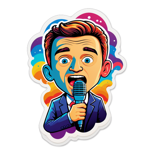Zabawny sticker z Alexeyem Shpilevskim z mikrofonem