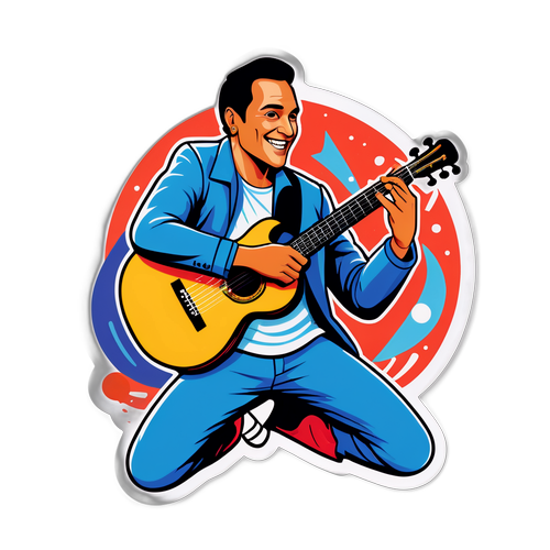 Ilustración de Rodrigo en una pose dinámica con elementos musicales