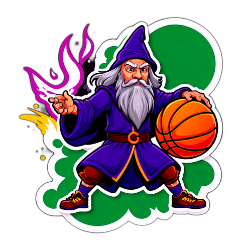Isang kartoon na sticker ng wizard na nagbisasal at Celtic na nagbabantay sa basketball
