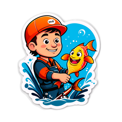 Veselý nálepka s Jakubem Vágnerem a rybou