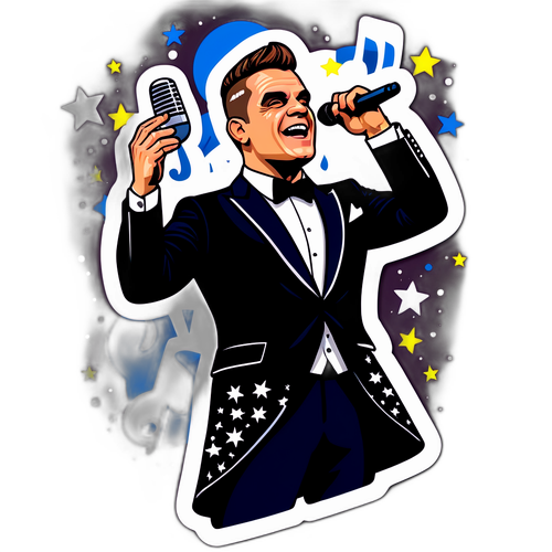 Een sticker van Robbie Williams in zijn iconische outfits